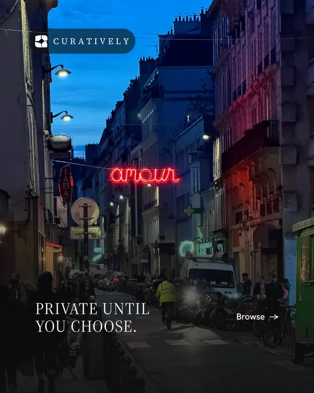 Instagram portrait post for Curatively: "Private until you choose." Minimal luxury style, image led layout, dark palette in black, grey, blue.