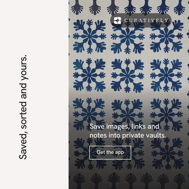 Instagram post for Curatively: "Saved, sorted and yours." Editorial style, vertical layout, light palette in white, black, grey.