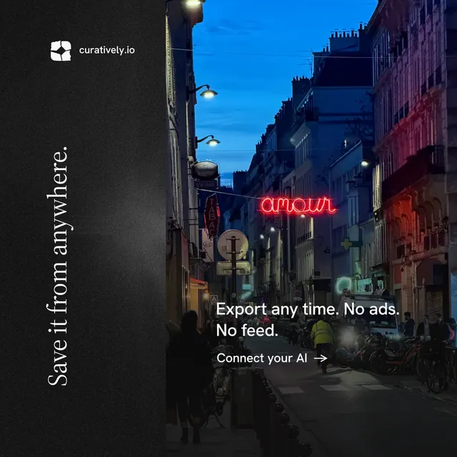 Instagram post for Curatively: "Save it from anywhere." Minimal luxury style, vertical layout, dark palette in black, blue.