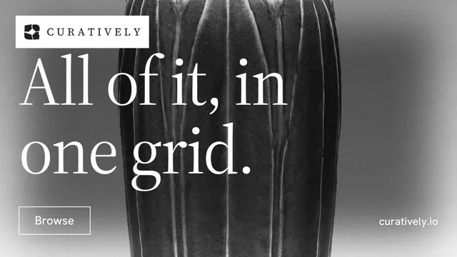 Landscape graphic for Curatively: "All of it, in one grid." Editorial style, poster layout, dark palette in black, grey, white.