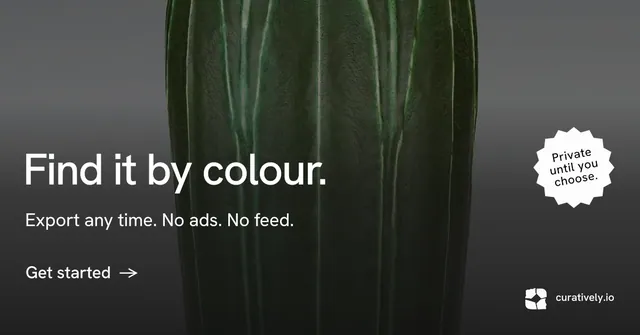 Social ad for Curatively: "Find it by colour." Minimal luxury style, sticker layout, dark palette in black, grey.