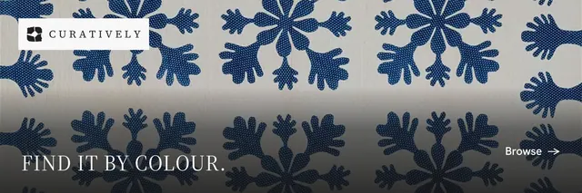 X header for Curatively: "Find it by colour." Split block style, image led layout, light palette in grey, blue.