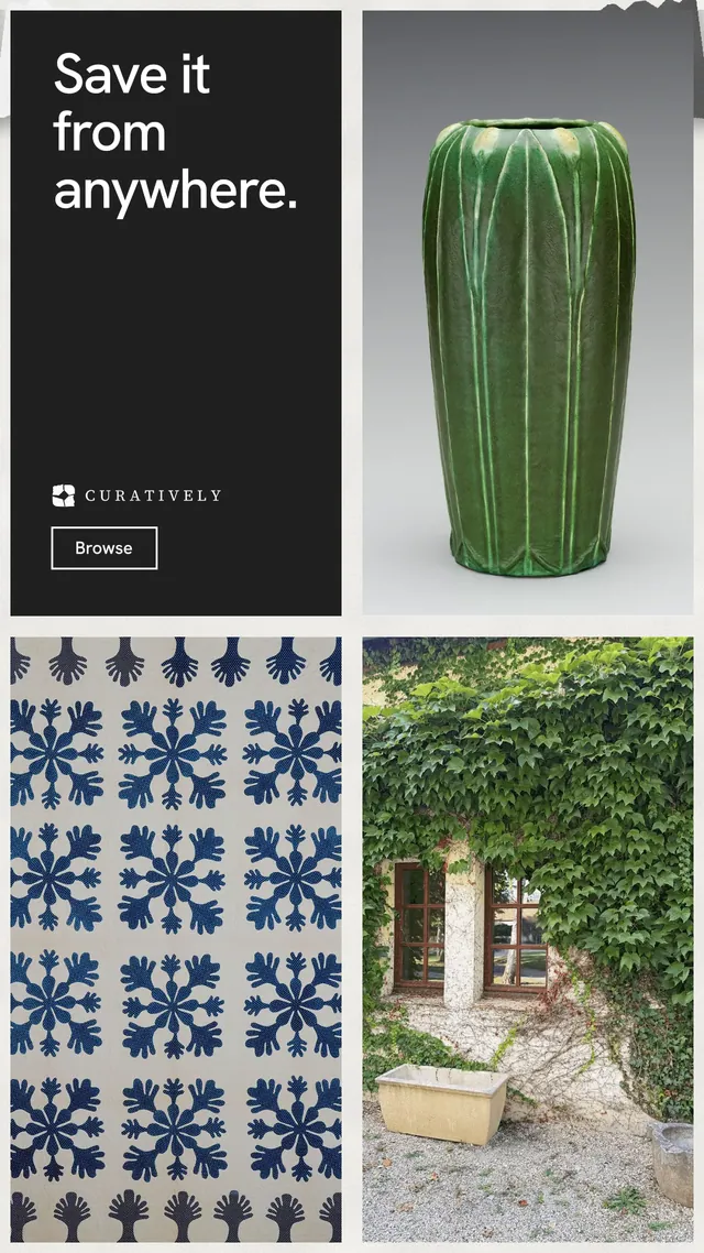 Instagram story for Curatively: "Save it from anywhere." Editorial style, collage layout, light palette in grey, black, white.