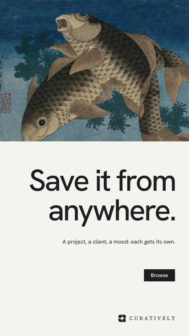 Instagram story for Curatively: "Save it from anywhere." Swiss style, right layout, light palette in white, blue, grey.