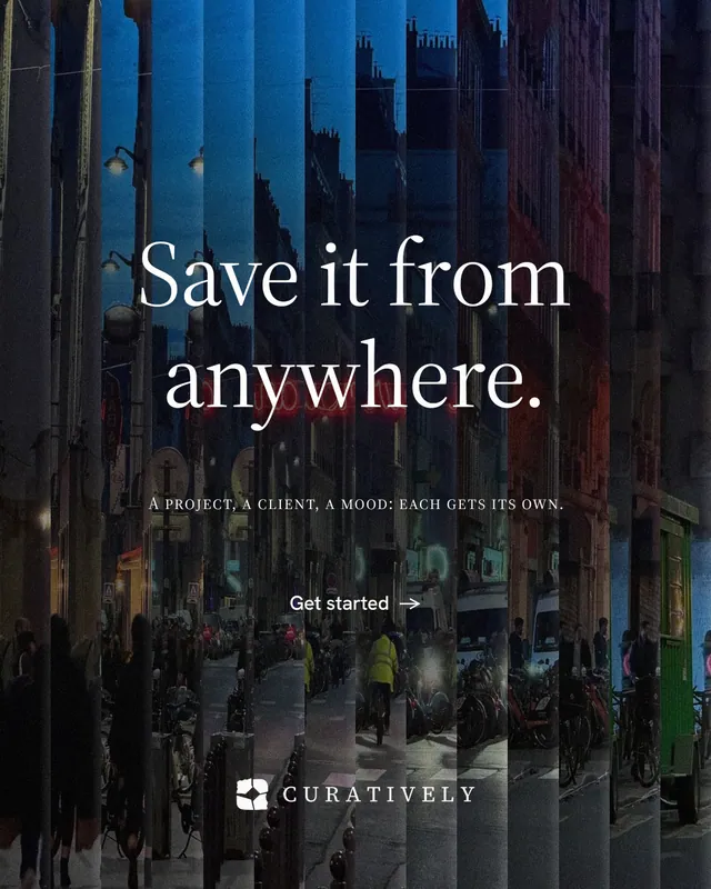 Instagram portrait post for Curatively: "Save it from anywhere." Minimal luxury style, smallcaps layout, dark palette in black, blue.