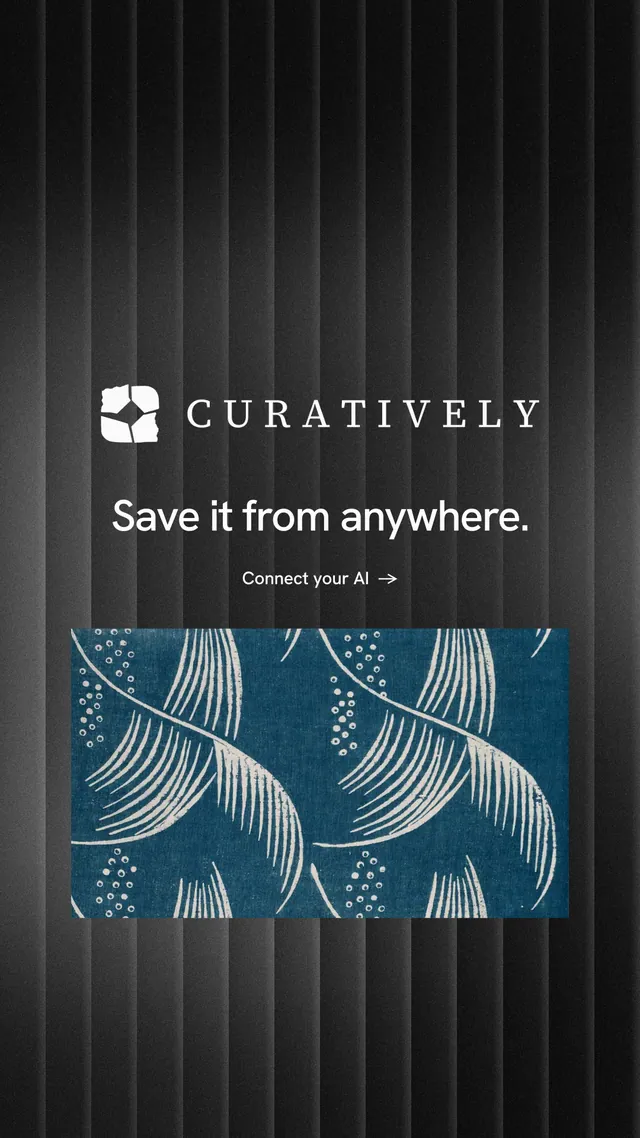 Instagram story for Curatively: "Save it from anywhere." Minimal luxury style, logo hero layout, dark palette in black, blue, grey.