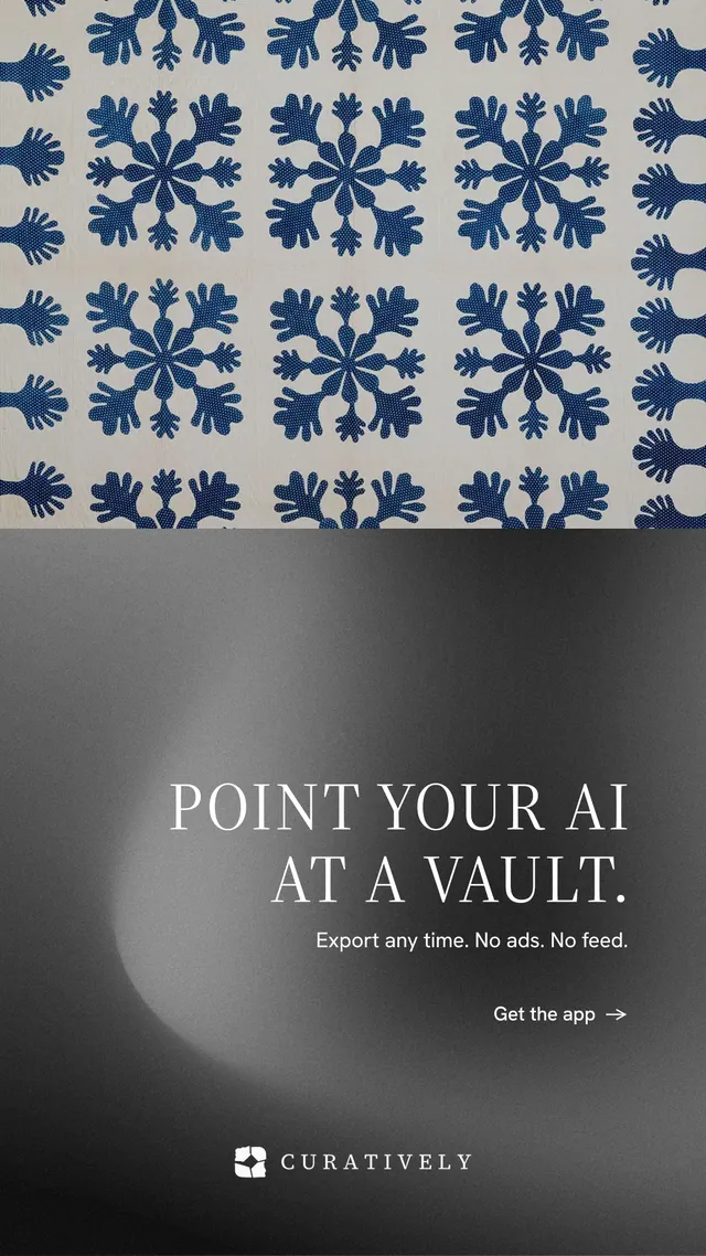 Instagram story for Curatively: "Point your AI at a vault." Minimal luxury style, right layout, dark palette in grey, black.