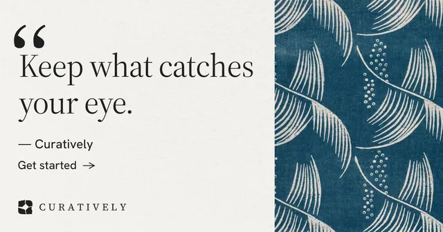 Social ad for Curatively: "Find it by colour." Minimal luxury style, quote layout, light palette in blue, white, grey.