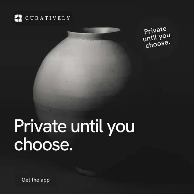 Instagram post for Curatively: "Private until you choose." Swiss style, sticker layout, dark palette in black, grey.