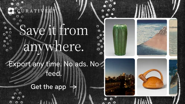 Landscape graphic for Curatively: "Save it from anywhere." Minimal luxury style, skeleton layout, dark palette in black, grey.
