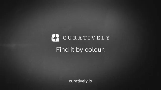 Landscape graphic for Curatively: "Find it by colour." Swiss style, end card layout, dark palette in black, grey.