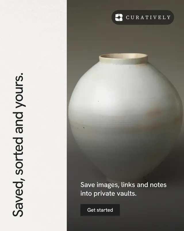 Instagram portrait post for Curatively: "Saved, sorted and yours." Swiss style, vertical layout, light palette in grey, black, white.