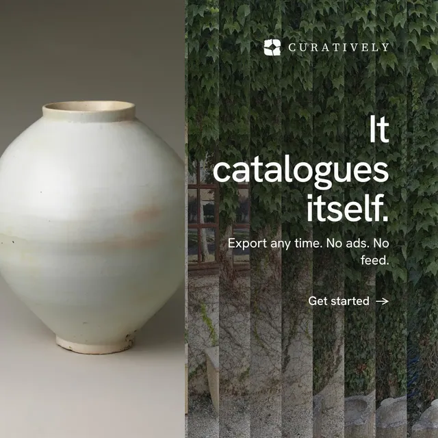 Instagram post for Curatively: "It catalogues itself." Minimal luxury style, right layout, dark palette in grey, black.