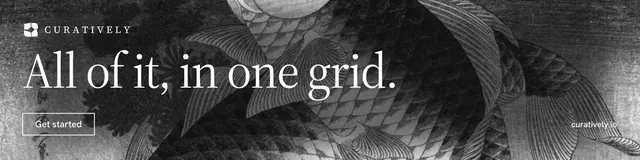 LinkedIn banner for Curatively: "All of it, in one grid." Editorial style, poster layout, dark palette in grey, black.