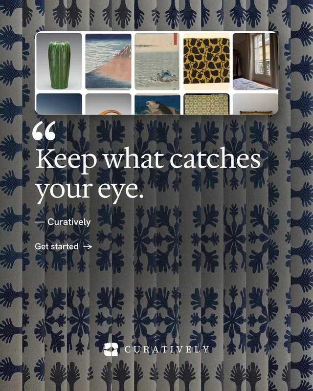 Instagram portrait post for Curatively: "Saved, sorted and yours." Minimal luxury style, quote layout, dark palette in grey, blue.