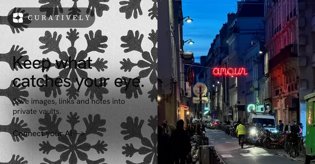 Social ad for Curatively: "Keep what catches your eye." Minimal luxury style, bottom layout, dark palette in black, grey, blue.