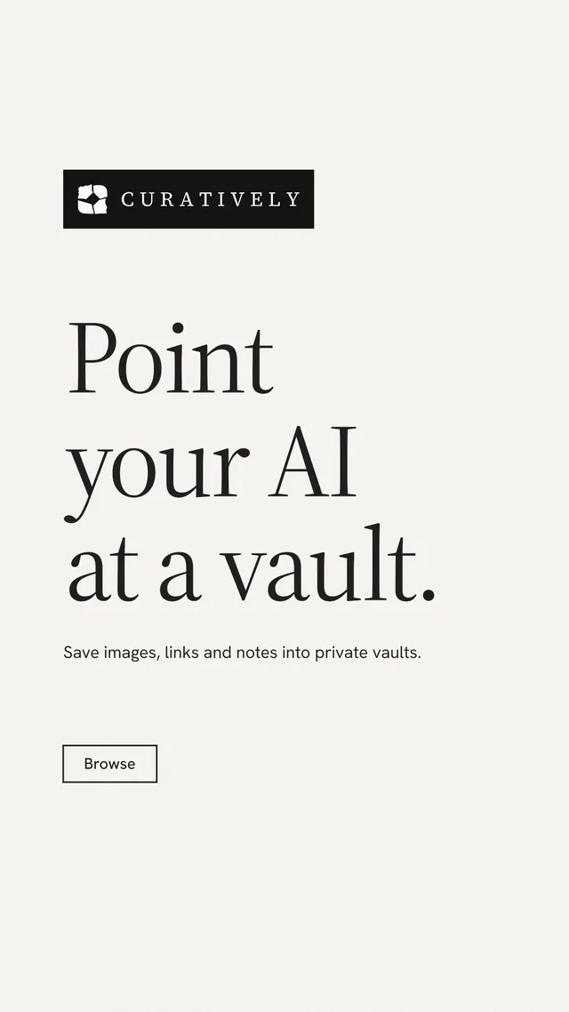Instagram story for Curatively: "Point your AI at a vault." Editorial style, announce layout, light palette in white.