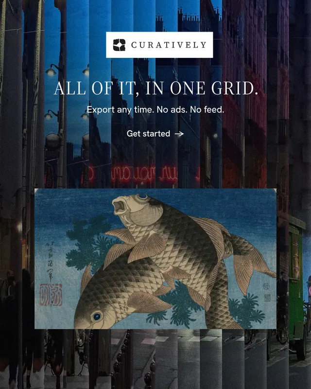 Instagram portrait post for Curatively: "All of it, in one grid." Minimal luxury style, centred layout, dark palette in blue, black, grey.