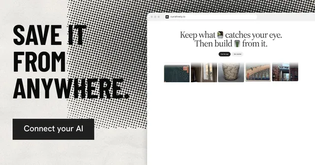 Social ad for Curatively: "Save it from anywhere." Retro print style, browser layout, light palette in white, grey.