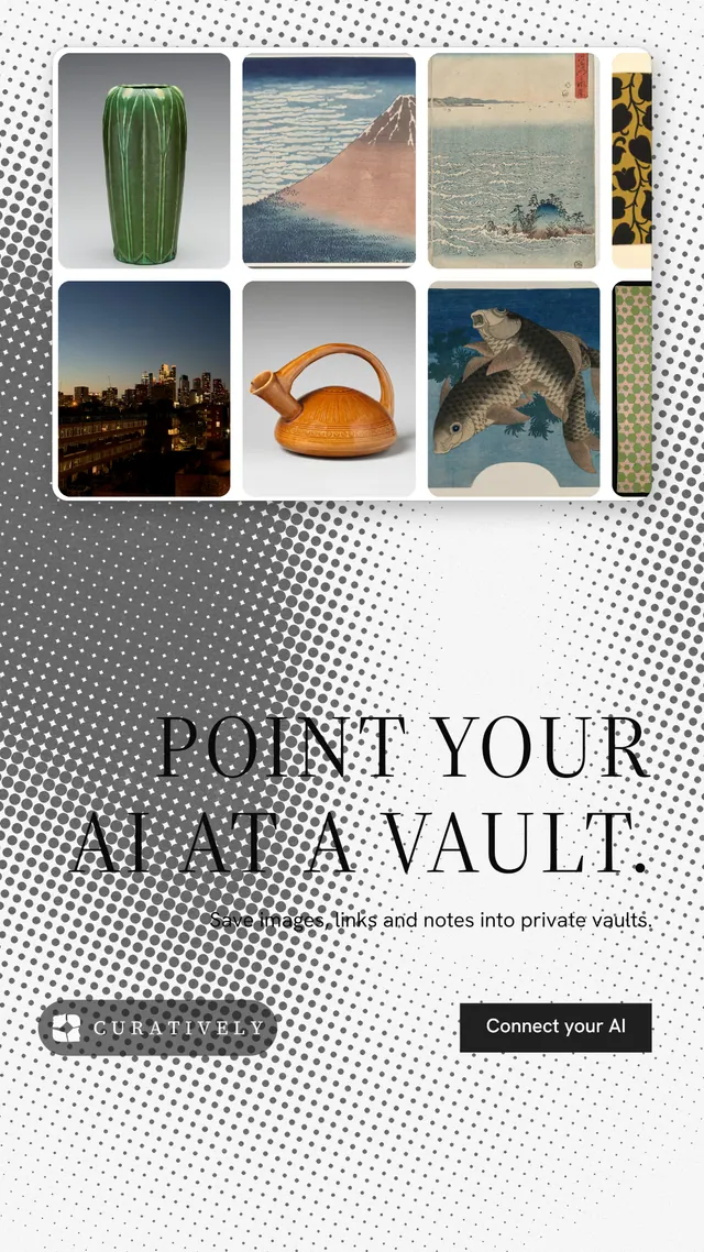 Instagram story for Curatively: "Point your AI at a vault." Split block style, right layout, light palette in grey, white.