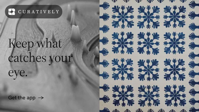 Landscape graphic for Curatively: "Keep what catches your eye." Minimal luxury style, bottom layout, light palette in grey.