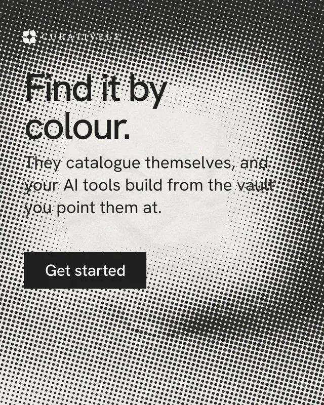 Instagram portrait post for Curatively: "Find it by colour." Swiss style, skeleton layout, light palette in grey, white.