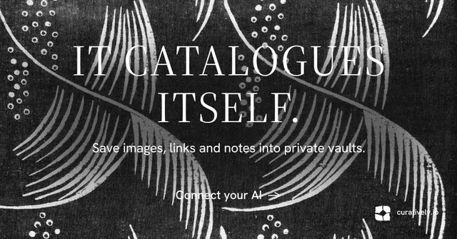 Social ad for Curatively: "It catalogues itself." Minimal luxury style, centred layout, dark palette in black, grey.