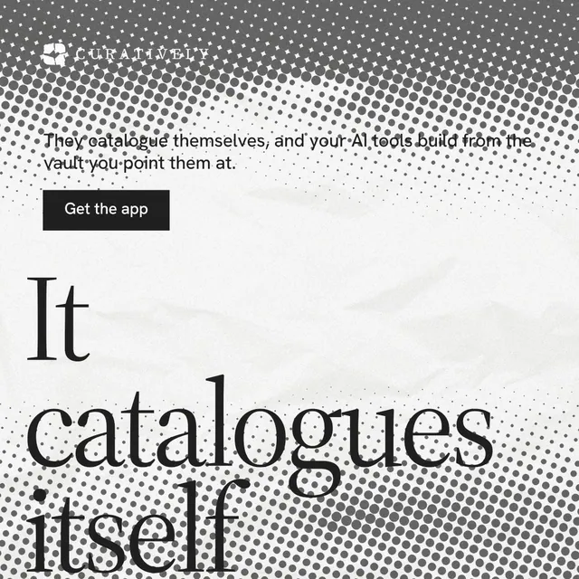 Instagram post for Curatively: "All of it, in one grid." Split block style, oversized layout, light palette in grey, white.