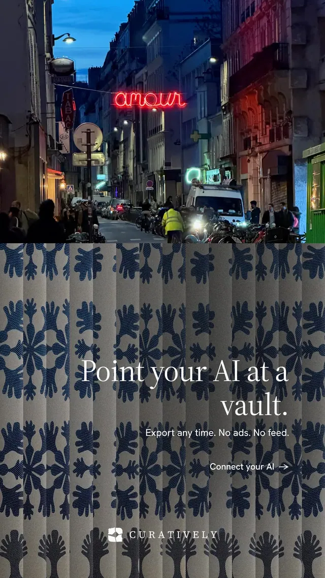 Instagram story for Curatively: "Point your AI at a vault." Minimal luxury style, right layout, dark palette in blue, black, grey.