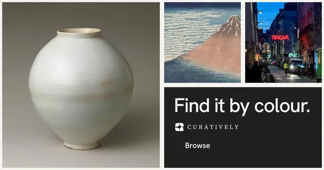 Social ad for Curatively: "Find it by colour." Swiss style, collage layout, light palette in black, grey.
