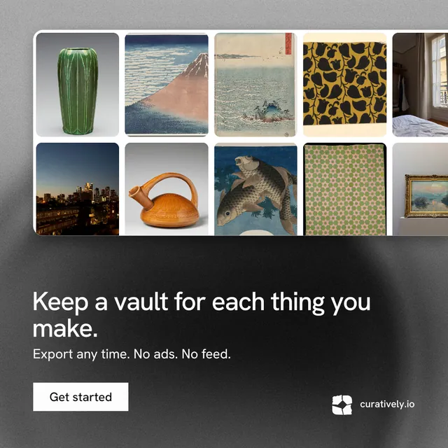 Instagram post for Curatively: "Keep a vault for each thing you make." Swiss style, bottom layout, dark palette in grey, black.