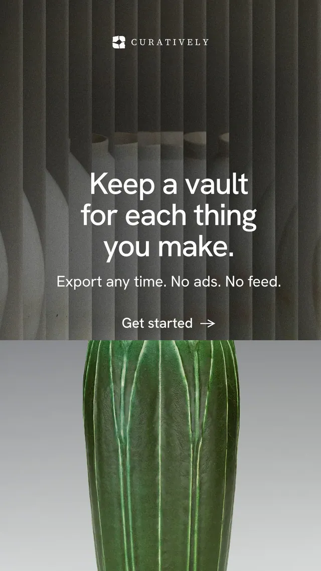 Instagram story for Curatively: "Keep a vault for each thing you make." Minimal luxury style, skeleton layout, dark palette in grey, black.