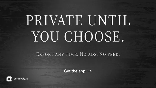 Landscape graphic for Curatively: "Private until you choose." Minimal luxury style, smallcaps layout, dark palette in black, grey.