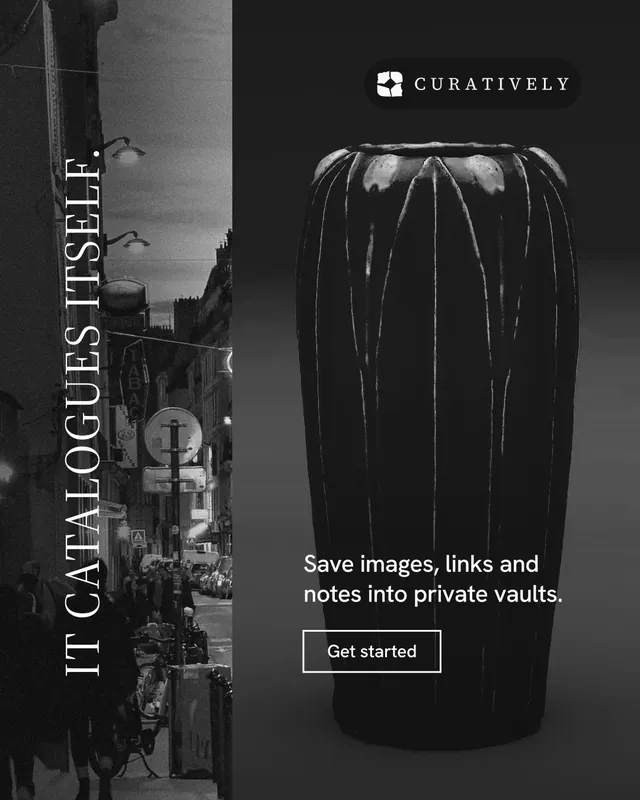 Instagram portrait post for Curatively: "It catalogues itself." Editorial style, vertical layout, dark palette in black, grey.