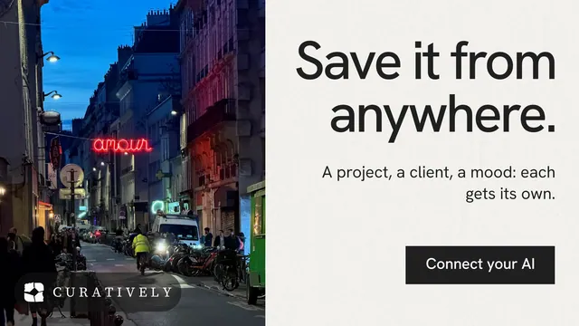 Landscape graphic for Curatively: "Save it from anywhere." Swiss style, right layout, light palette in white, blue, grey.