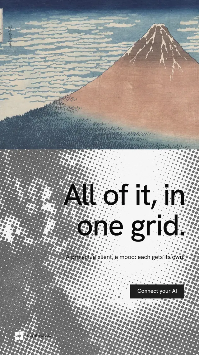 Instagram story for Curatively: "All of it, in one grid." Split block style, right layout, light palette in grey, white.