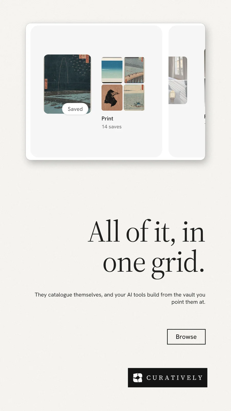 Instagram story for Curatively: "All of it, in one grid." Editorial style, right layout, light palette in white, grey.