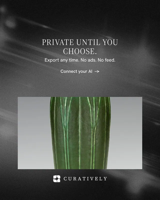 Instagram portrait post for Curatively: "Private until you choose." Minimal luxury style, centred layout, dark palette in grey, black.