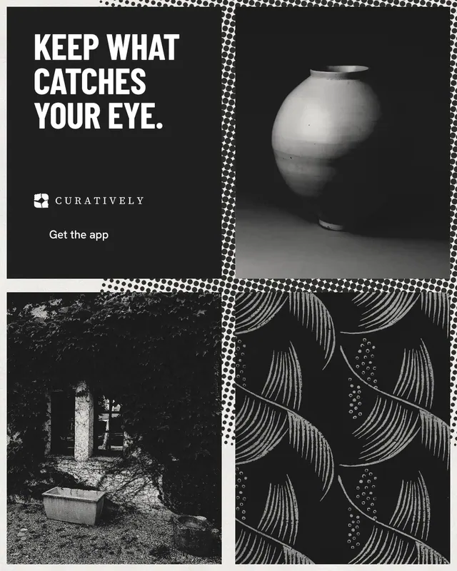 Instagram portrait post for Curatively: "Keep what catches your eye." Retro print style, collage layout, dark palette in black, grey.