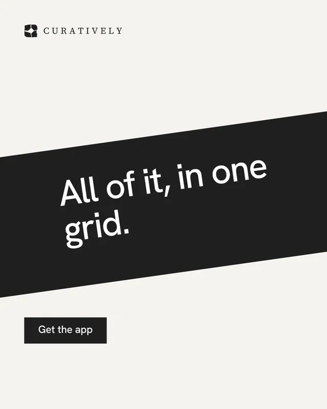 Instagram portrait post for Curatively: "All of it, in one grid." Swiss style, diagonal layout, light palette in white, black.