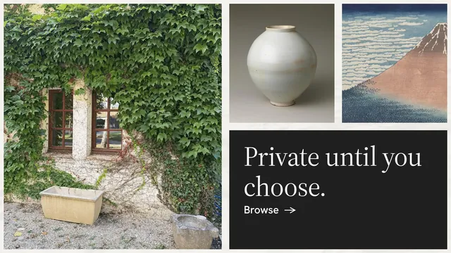 Landscape graphic for Curatively: "Private until you choose." Minimal luxury style, collage layout, light palette in grey, black, white.