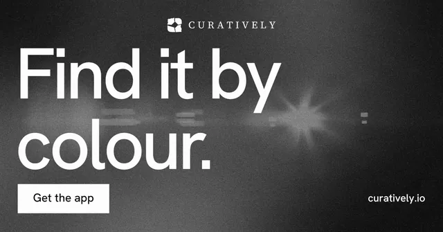 Social ad for Curatively: "Find it by colour." Swiss style, poster layout, dark palette in grey, black.