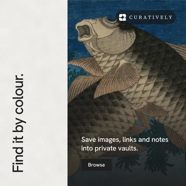 Instagram post for Curatively: "Find it by colour." Swiss style, vertical layout, light palette in black, white, grey.