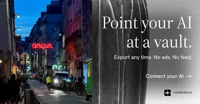 Social ad for Curatively: "Point your AI at a vault." Minimal luxury style, right layout, dark palette in black, grey, blue.
