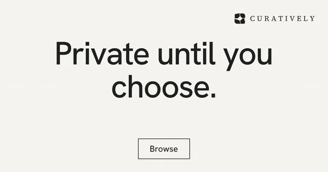 Social ad for Curatively: "Private until you choose." Editorial style, centred layout, light palette in white, grey.