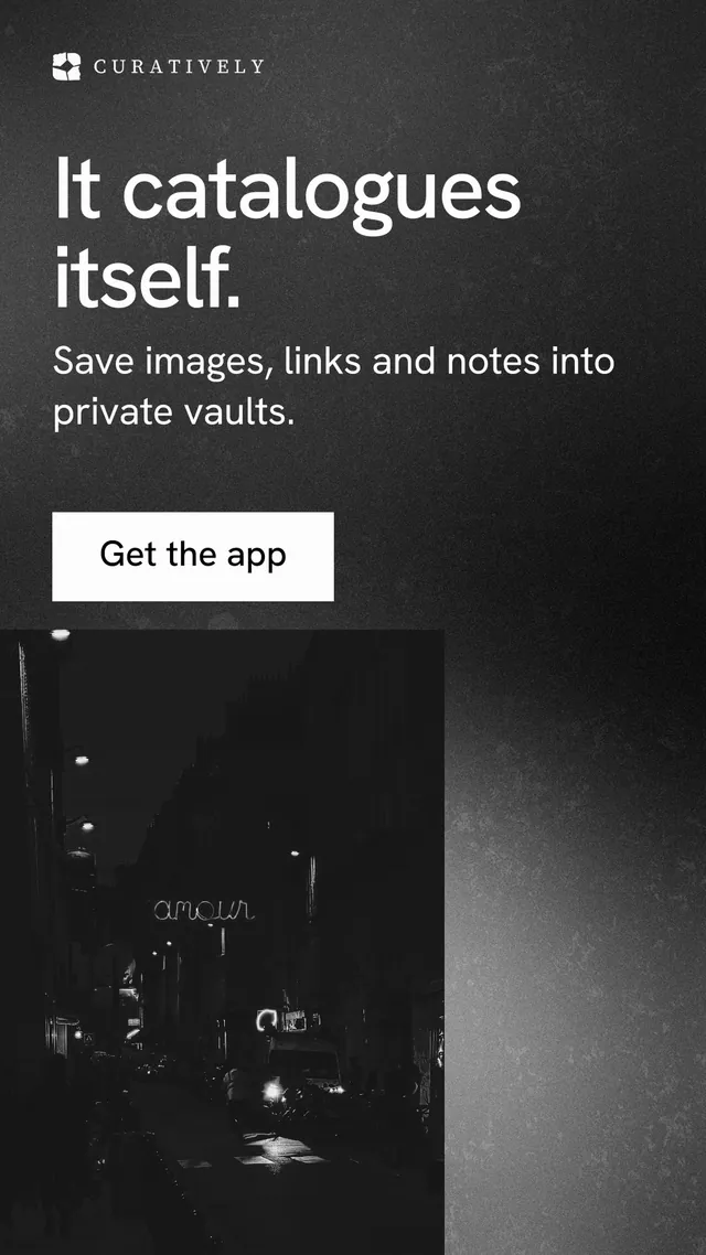 Instagram story for Curatively: "It catalogues itself." Swiss style, skeleton layout, dark palette in black, grey.