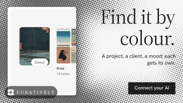 Landscape graphic for Curatively: "Find it by colour." Split block style, right layout, light palette in white, grey.