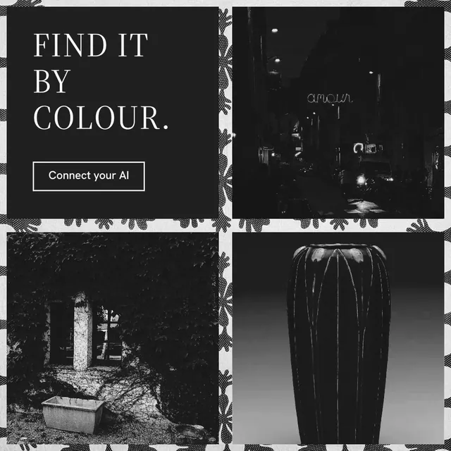 Instagram post for Curatively: "Find it by colour." Editorial style, collage layout, dark palette in black, grey.