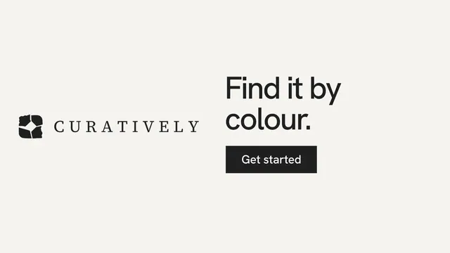 Landscape graphic for Curatively: "Find it by colour." Swiss style, logo hero layout, light palette in white.