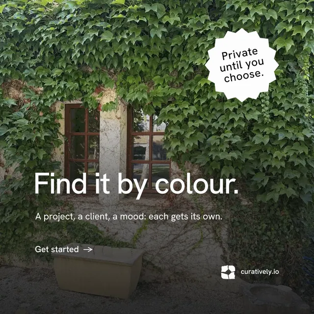 Instagram post for Curatively: "Find it by colour." Minimal luxury style, sticker layout, dark palette in black, green, grey.